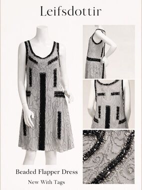 Leifs Dorttir Sequin Cocktail Dress | Black & Silver Glam | Open Back | Size 10